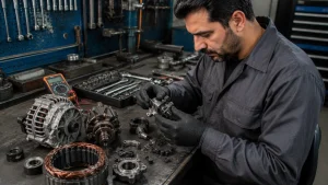 تعمیر دینام کامیون بنز مایلر روی میز کار تخصصی